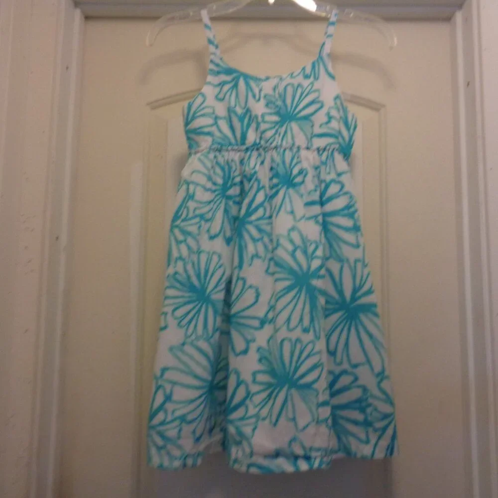 GIRLS GYMBOREE COTTON AQUA & WHITE FLORALS SHEERED SUNDRESS 10